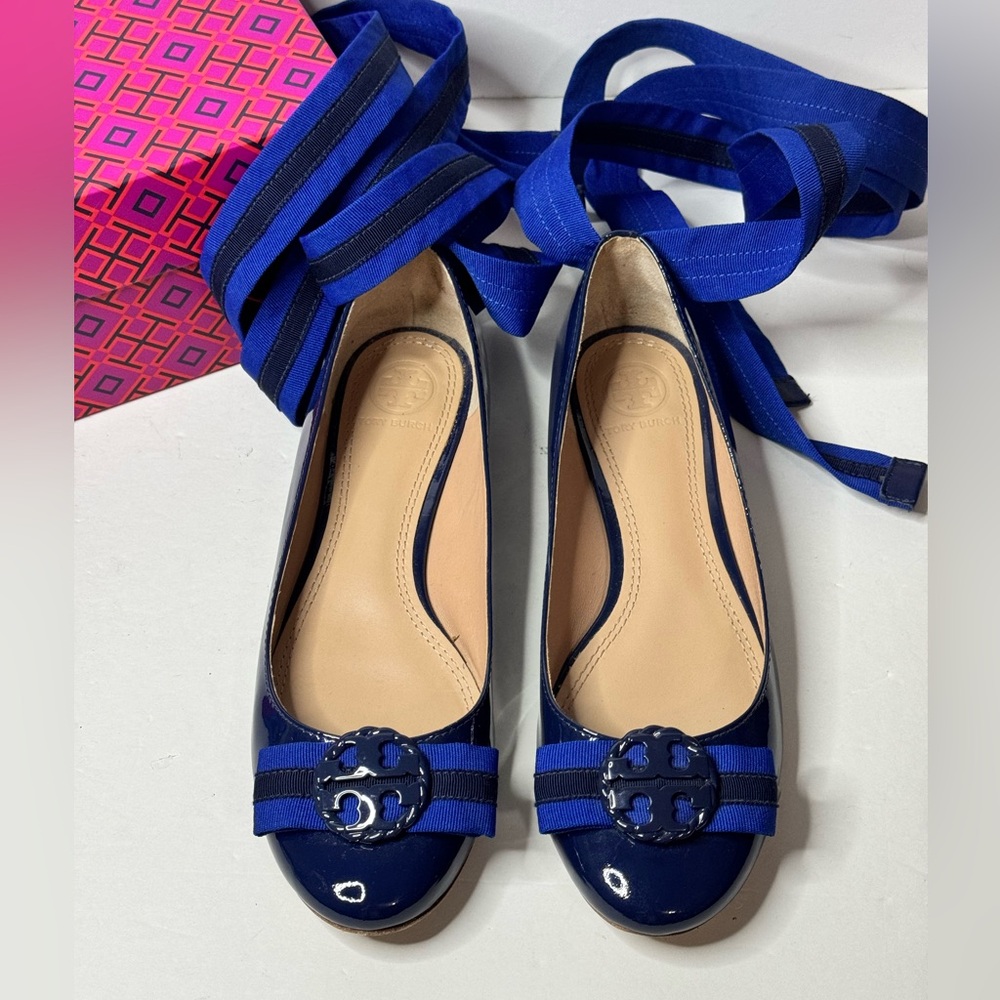 Tory Burch Maritime Ankle Wrap Patent Ballet Flat Navy Sea Paradise Blue Sz 6.5